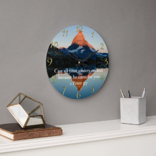 1 Peter 5:7 Christian Faith moutain lake  Large Clock