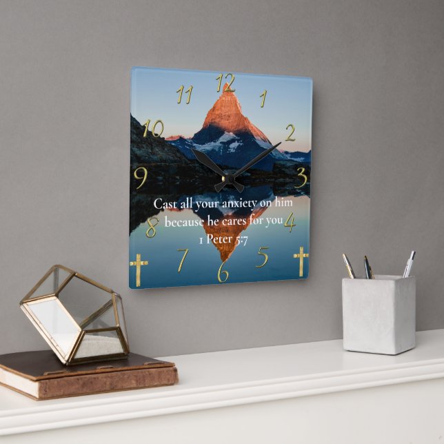 1 Peter 5:7 Christian Faith moutain lake  Square Wall Clock (Office)
