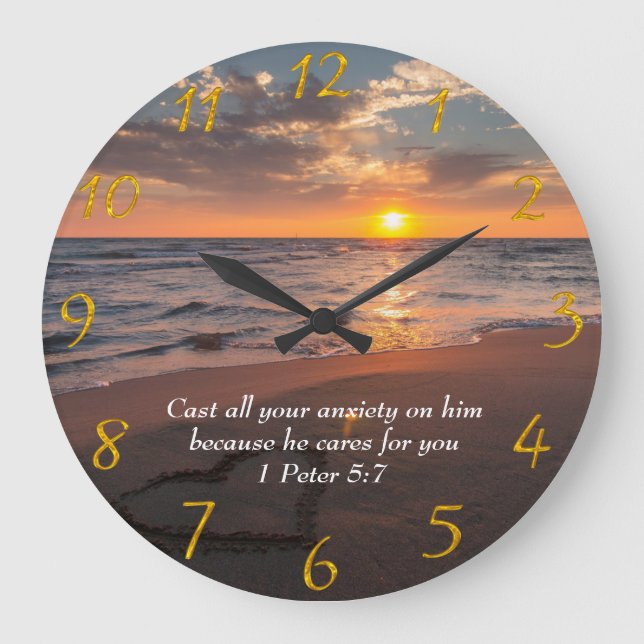 1 Peter 5:7 Christian ocean with a sunset  Large Clock (Front)