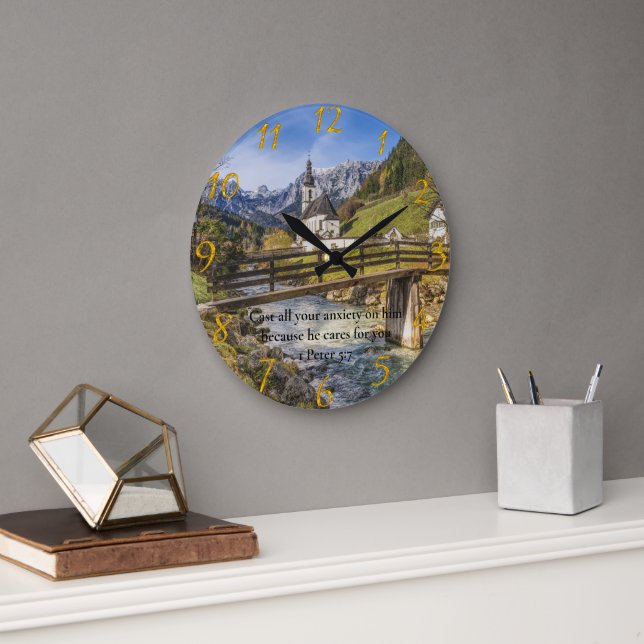 1 Peter 5:7 church near the moutain Large Clock (Office)
