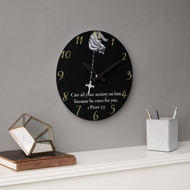 1 Peter 5:7 hand holding cross  Large Clock (Office)