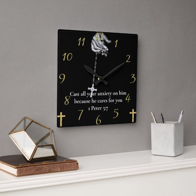  1 Peter 5:7 hand holding cross Square Wall Clock (Office)