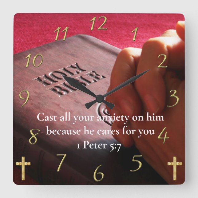 1 Peter 5:7 holy bible with hands Square Wall Clock (Front)