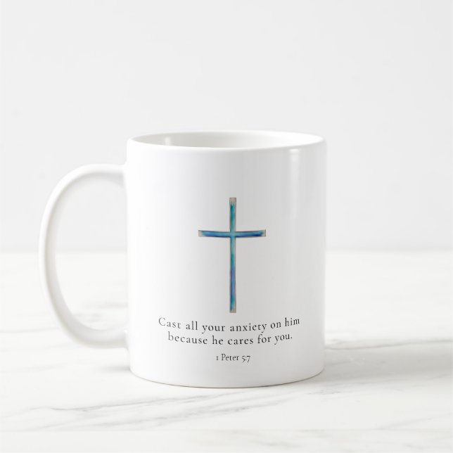 1 Peter 5:7 Minimalist Cross Coffee Mug (Left)