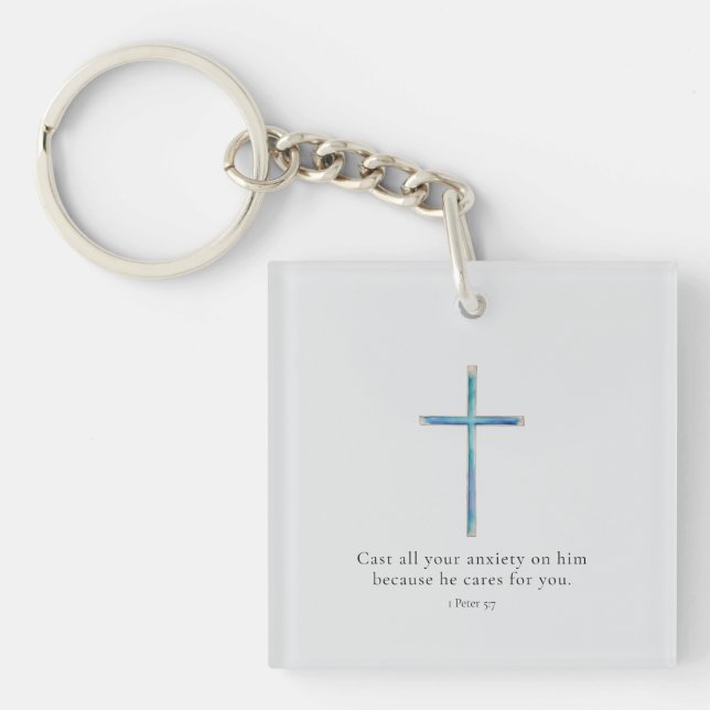 1 Peter 5:7 Minimalist Cross Keychain (Front)