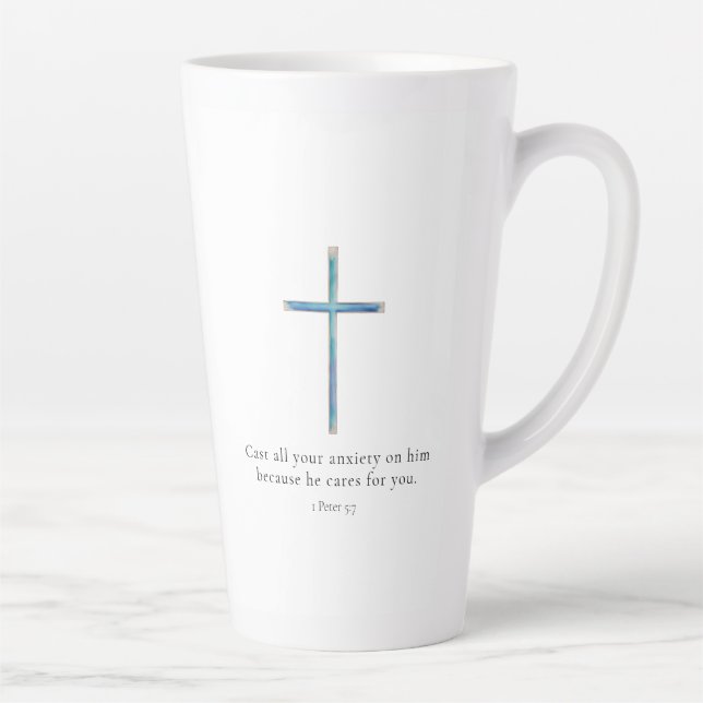 1 Peter 5:7 Minimalist Cross Latte Mug (Right)