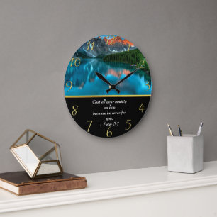 1 Peter 5:7 moutain lake Large Clock