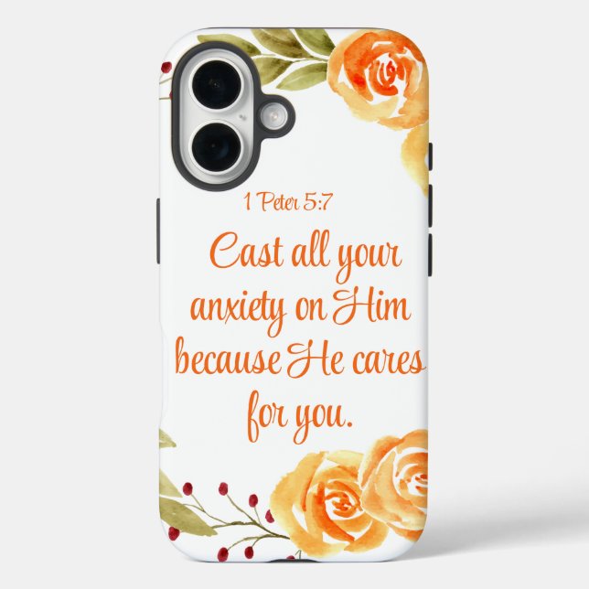 1 Peter 5:7 Orange Floral Bible Scripture Case-Mate iPhone Case (Back)