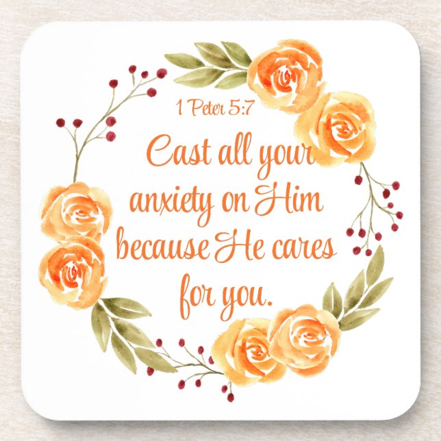 1 Peter 5:7 Orange Floral Bible Scripture Coaster (Front)