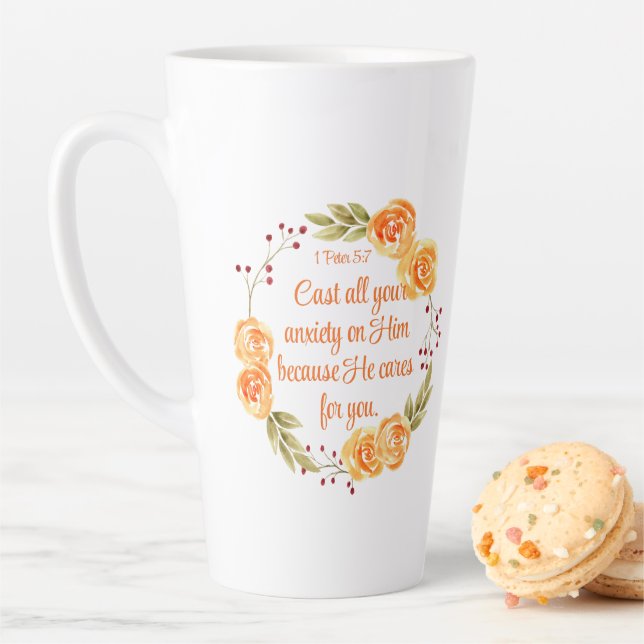 1 Peter 5:7 Orange Floral Bible Scripture Latte Mug (In Situ)