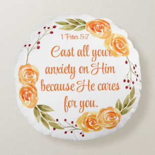 1 Peter 5:7 Orange Floral Bible Scripture Round Cushion