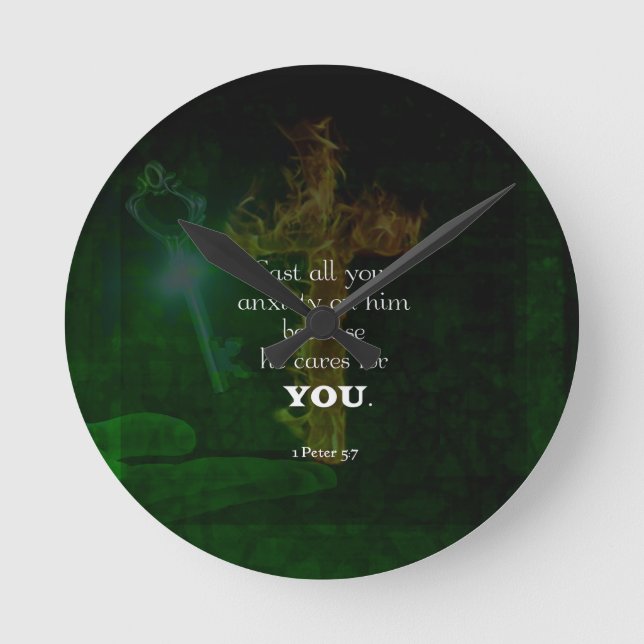 1 Peter 5:7 Uplifting Bible Verses Quote Round Clock (Front)