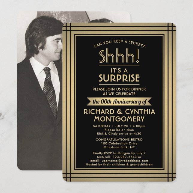 1 Photo Anniversary Surprise Party Black and Gold Invitation (Front/Back)