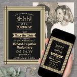 1 Photo Anniversary Surprise Party Black and Gold Save The Date<br><div class="desc">Can you keep a secret? Invite family and friends to an elegant and exciting surprise anniversary party with custom photo black and gold save the date invitations. Picture and all wording on this template are simple to personalise, including message that reads "Shhh! It's a SURPRISE." The design features a modern...</div>