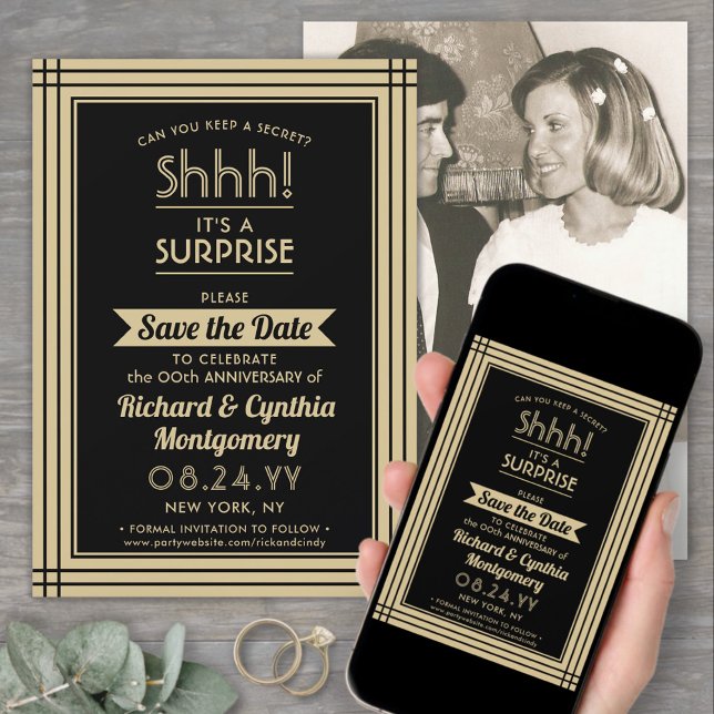 1 Photo Anniversary Surprise Party Black and Gold Save The Date (Creator Uploaded)