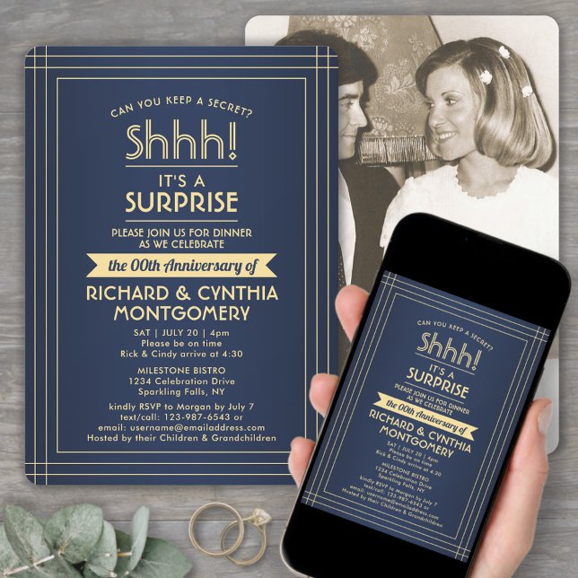 1 Photo Anniversary Surprise Party Navy Blue Gold Invitation (Creator Uploaded)