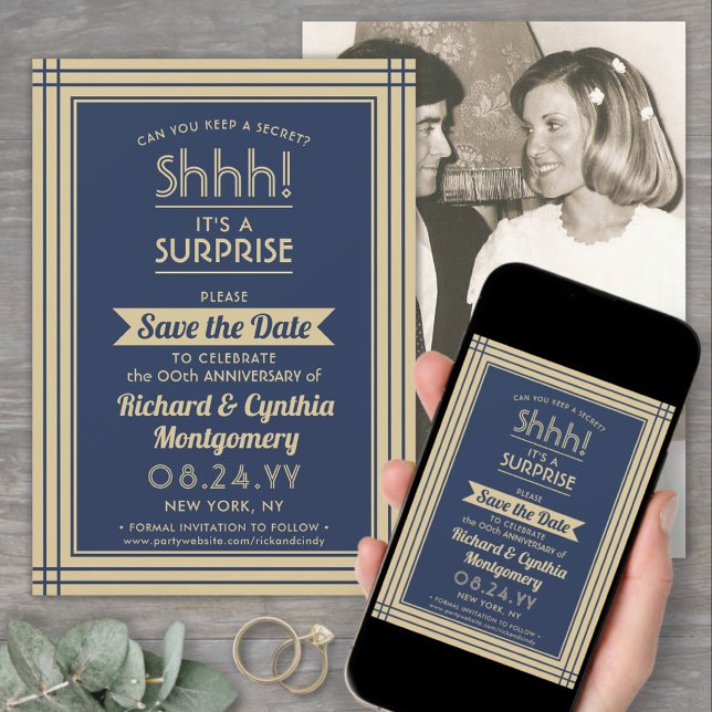 1 Photo Anniversary Surprise Party Navy Blue Gold Save The Date (Creator Uploaded)