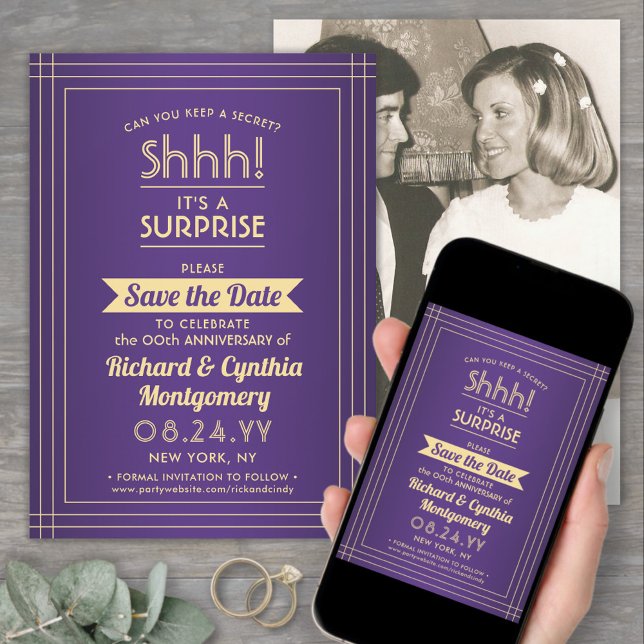 1 Photo Anniversary Surprise Party Purple and Gold Save The Date (Creator Uploaded)