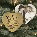 1 Photo ANY Anniversary Cheers Black & Gold Heart Ceramic Tree Decoration<br><div class="desc">Cheers and Happy Anniversary! Celebrate any year wedding anniversary with a custom photo black and gold heart-shaped ceramic ornament. Picture, number of years, couple's names, and marriage date on this template are all simple to personalize. Design features a gold faux brushed metallic background, vintage art deco style typography, elegant script...</div>
