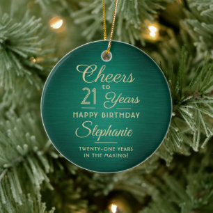 1 Photo ANY Anniversary Cheers Brushed Green Gold Ceramic Tree Decoration
