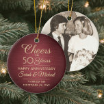 1 Photo ANY Anniversary Cheers Brushed Red & Gold Ceramic Tree Decoration<br><div class="desc">Cheers and Happy Anniversary! Celebrate any year wedding anniversary with a custom photo red and gold round ceramic ornament. Picture, number of years, couple's names, and marriage date on this template are all simple to personalize. Design features a burgundy faux brushed metallic background, vintage art deco style typography, elegant script...</div>