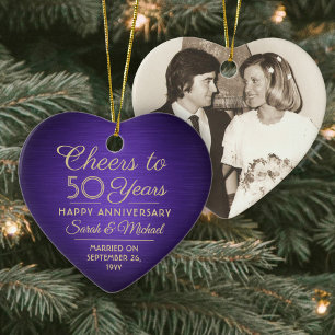 1 Photo ANY Anniversary Cheers Purple & Gold Heart Ceramic Tree Decoration