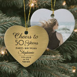 1 Photo ANY Birthday Brushed Black and Gold Heart Ceramic Tree Decoration<br><div class="desc">Cheers and Happy Birthday! Celebrate a joyful milestone birthday with a custom photo heart shaped black and gold ceramic ornament. All wording on this template (including "Cheers to 50 Years") is set up for a 50th birthday, but is simple to personalize for any year or event type. Design features a...</div>