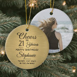 1 Photo ANY Birthday Brushed Black and Gold Round Ceramic Tree Decoration<br><div class="desc">Cheers and Happy Birthday! Celebrate a joyful milestone birthday with a custom photo black and gold round ceramic ornament. All wording on this template (including "Cheers to 21 Years") is set up for a 21st birthday, but is simple to personalise for any year or event type. Design features a gold...</div>
