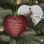 1 Photo ANY Birthday Brushed Burgundy & Gold Heart Ceramic Tree Decoration<br><div class="desc">Cheers and Happy Birthday! Celebrate a joyful milestone birthday with a custom photo heart shaped burgundy and gold ceramic ornament. All wording on this template (including "Cheers to 50 Years") is set up for a 50th birthday, but is simple to personalise for any year or event type. Design features a...</div>