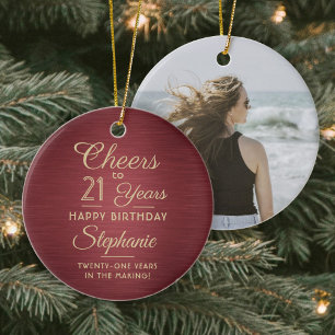 1 Photo ANY Birthday Brushed Burgundy & Gold Round Ceramic Tree Decoration