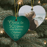 1 Photo ANY Birthday Brushed Green and Gold Heart Ceramic Tree Decoration<br><div class="desc">Cheers and Happy Birthday! Celebrate a joyful milestone birthday with a custom photo heart shaped green and gold ceramic ornament. All wording on this template (including "Cheers to 50 Years") is set up for a 50th birthday, but is simple to personalize for any year or event type. Design features a...</div>
