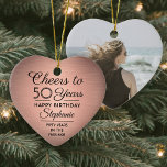1 Photo ANY Birthday Brushed Pink Rose Gold Heart Ceramic Tree Decoration<br><div class="desc">Cheers and Happy Birthday! Celebrate a joyful milestone birthday for her with a custom photo heart shaped pink and black ceramic ornament. All wording on this template (including "Cheers to 50 Years") is set up for a 50th birthday, but is simple to personalize for any year or event type. The...</div>