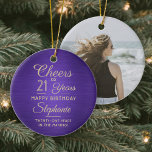 1 Photo ANY Birthday Brushed Purple and Gold Round Ceramic Tree Decoration<br><div class="desc">Cheers and Happy Birthday! Celebrate a joyful milestone birthday with a custom photo purple and gold round ceramic ornament. All wording on this template (including "Cheers to 21 Years") is set up for a 21st birthday, but is simple to personalize for any year or event type. Design features a purple...</div>