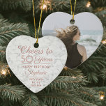 1 Photo ANY Birthday Pink White Faux Marble Heart Ceramic Tree Decoration<br><div class="desc">Cheers and Happy Birthday! Celebrate a joyful milestone birthday for her with a custom photo heart shaped faux marble ceramic ornament. All wording on this template (including "Cheers to 50 Years") is set up for a 50th birthday, but is simple to personalize for any year or event type. The pink...</div>