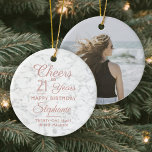 1 Photo ANY Birthday Pink White Faux Marble Round Ceramic Tree Decoration<br><div class="desc">Cheers and Happy Birthday! Celebrate a joyful milestone birthday for her with a custom photo faux marble round ceramic ornament. All wording on this template (including "Cheers to 21 Years") is set up for a 21st birthday, but is simple to personalise for any year or event type. The pink and...</div>