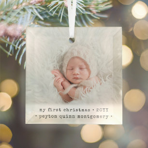 1 Photo Baby's 1st Christmas Modern Minimal Square Glass Tree Decoration