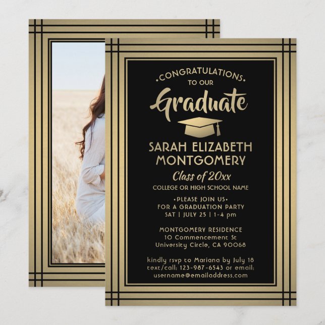 1 Photo Black and Gold Faux Foil Modern Graduation Invitation (Front/Back)
