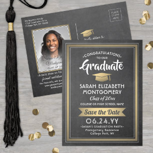 1 Photo Chalkboard & Gold Graduation Save the Date Announcement Postcard