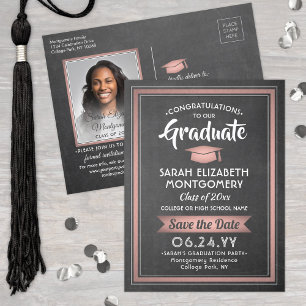 1 Photo Chalkboard & Pink Graduation Save the Date Announcement Postcard