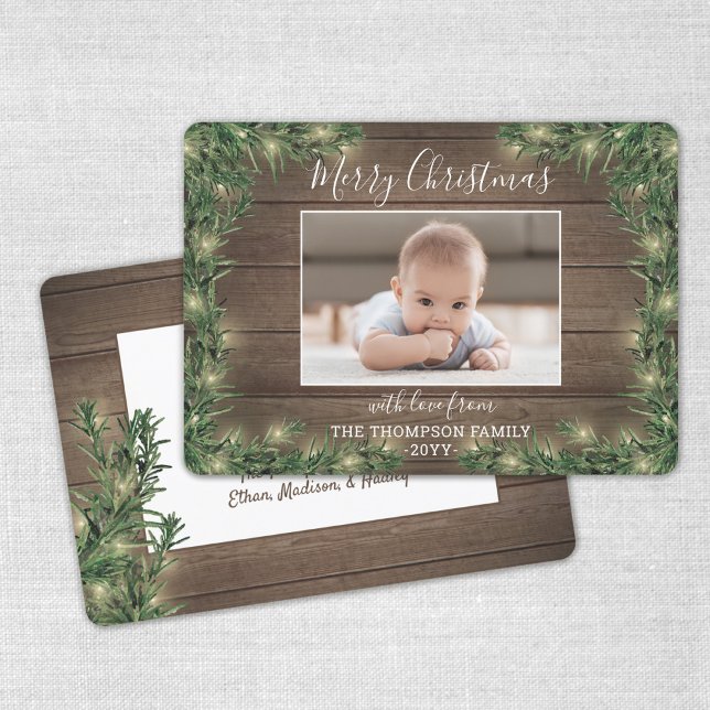 1 Photo Christmas Greenery, Rustic Wood & Lights Holiday Card (Creator Uploaded)