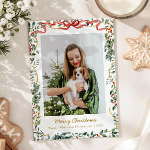 1 Photo Christmas Lush Winter Greenery & Red Bow Holiday Card