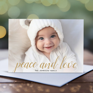 1 Photo Christmas Script Gold Damask Peace Holiday Card