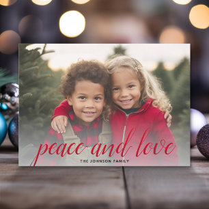 1 Photo Christmas Script Red Damask Peace Holiday Card