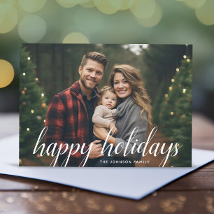 1 Photo Christmas Script White Damask Happy Holiday Card