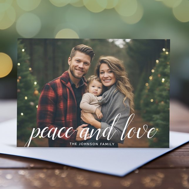 1 Photo Christmas Script White Damask Peace Holiday Card (Modern script type over a Christmas Photo --- You can download this card and post it to social media)