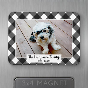 1 Photo Collage Family Name - Buffalo Check Black Magnet