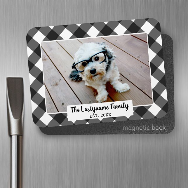 1 Photo Collage Family Name - Buffalo Check Black Magnet (Personalized fridge magnet - add photos and custom text)