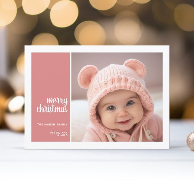 1 Photo Collage Minimal Christmas coral christmas Holiday Card (Simple Photo Christmas Card - coral color block and white border)