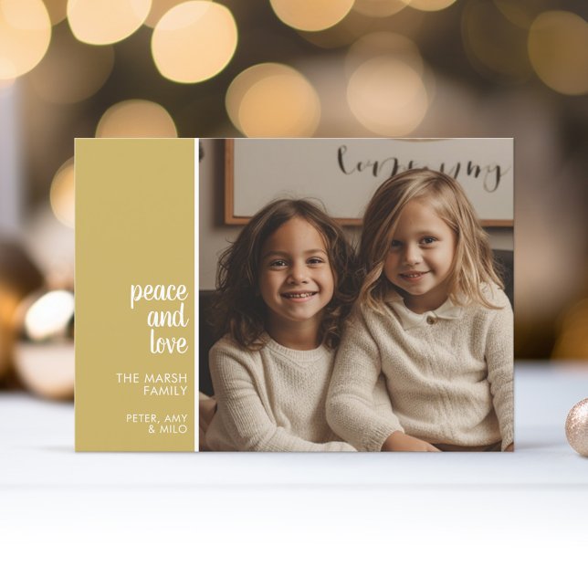 1 Photo Collage Minimal Christmas gold peace love Holiday Card (1 Photo Modern Christmas Card - mod Calligraphy - gold background - download option available)
