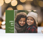 1 Photo Collage Minimal Christmas green peace love Holiday Card<br><div class="desc">A simple,  minimalist Holiday greeting with 1 square photo and modern calligraphy. Crop your photos into squares before uploading.</div>